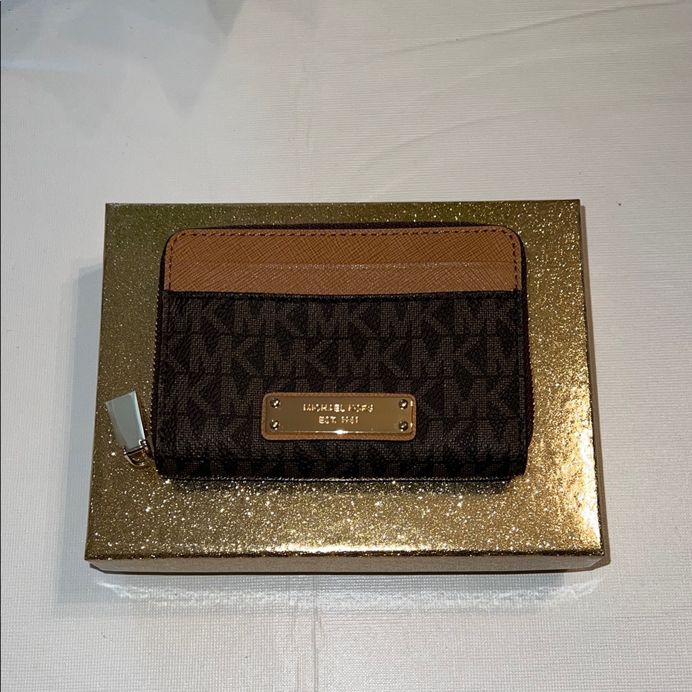 Michael Kors Brown and Tan Wallet with Gold Zipper